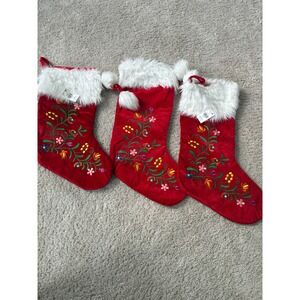 Nantucket Distributing Red Velvet Floral Embroidered Christmas Stockings Set of3